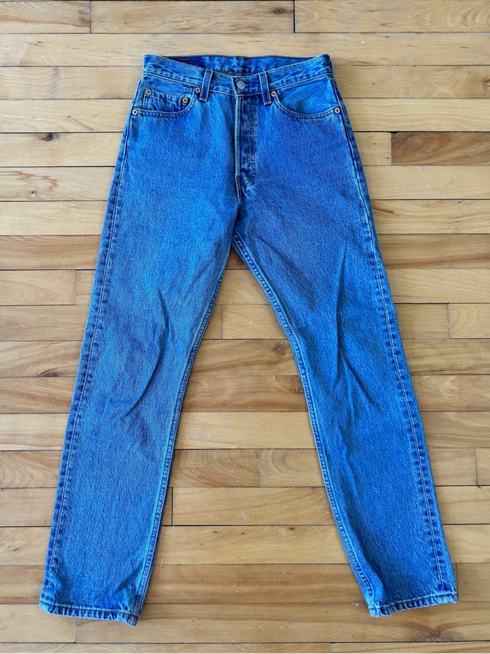 Vintage Levi's 501 Straight Jeans in Blue with Tan Leather Patch